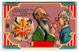 Vintage Fourth of July Dark Humor Postcard - Exploding Boy Firecracker Joke